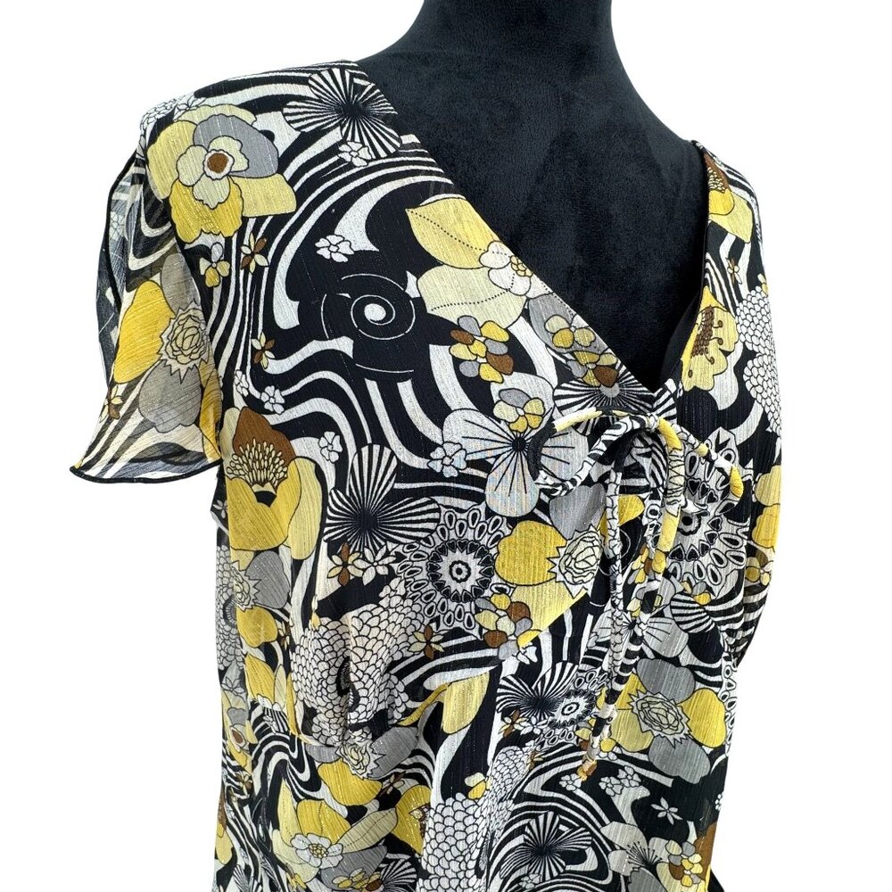 Spago Womens‎ Babydoll Tunic Top 20W Floral Black Yellow V Neck Top Tie Vintage